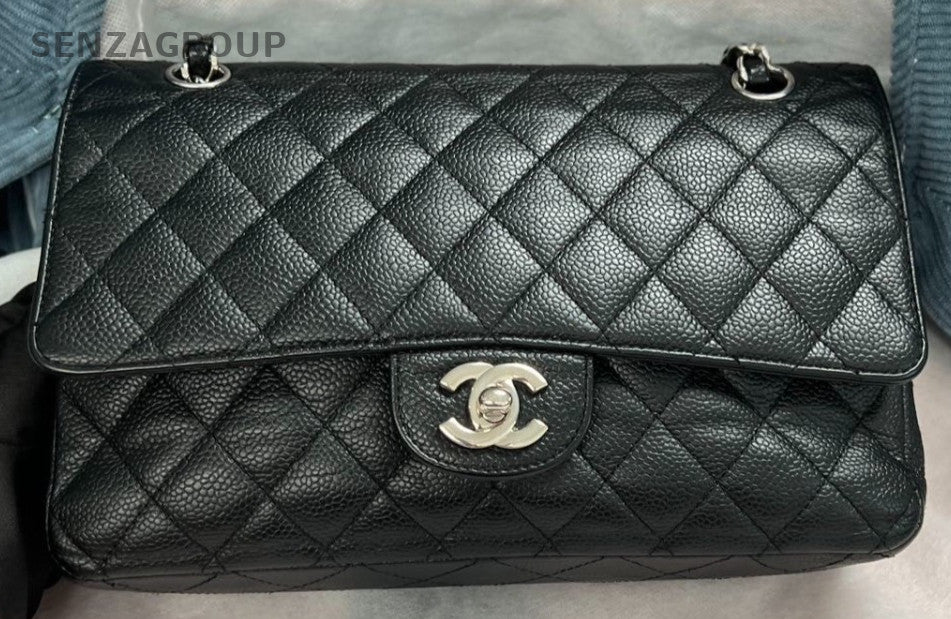 Chanel Classic Flap MM Chain Shoulder Bag Black Silver Used Women Designer