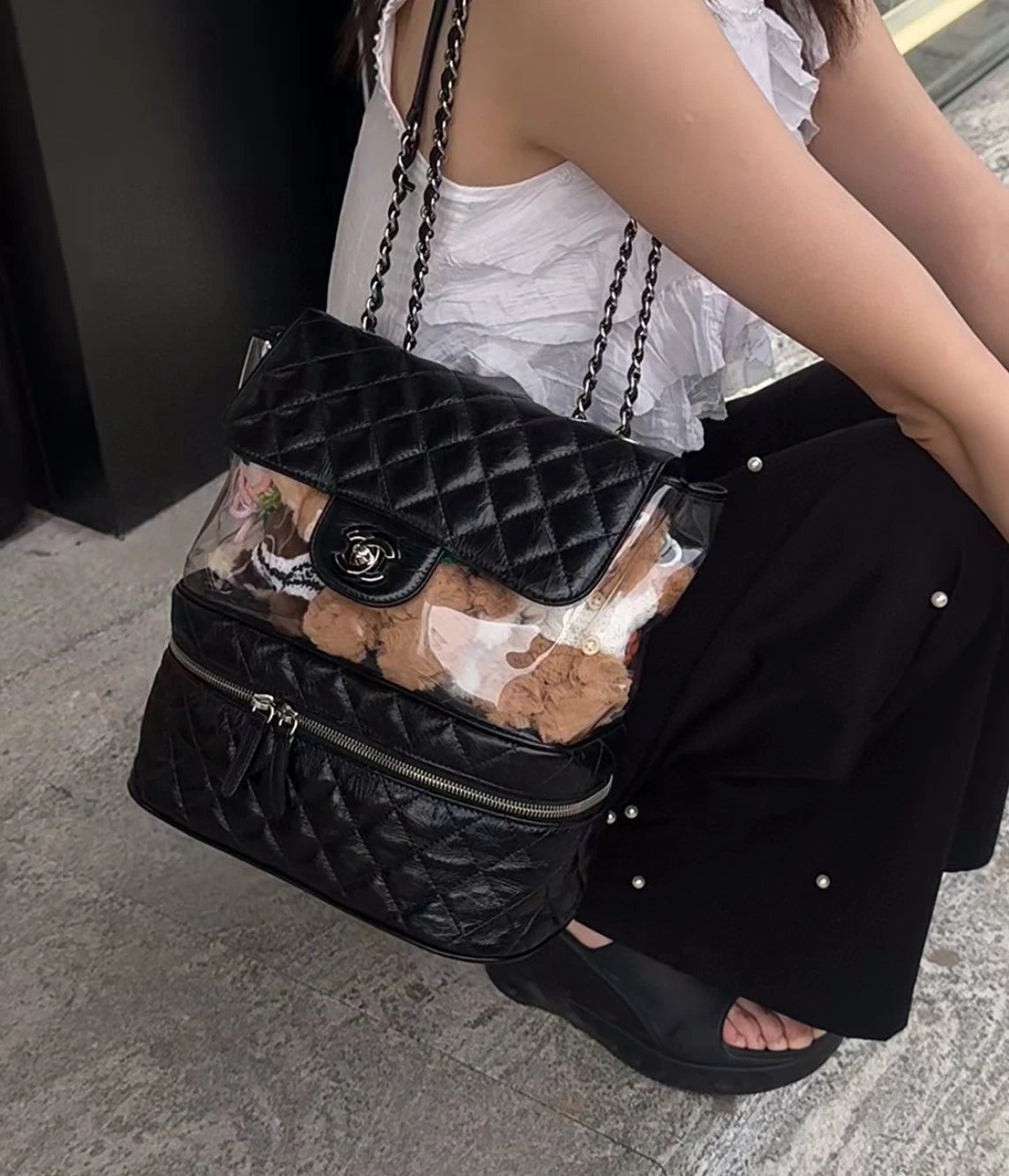 Authentic CHANEL Black Silver PVC Transparent Jelly Shoulder Bag For Women