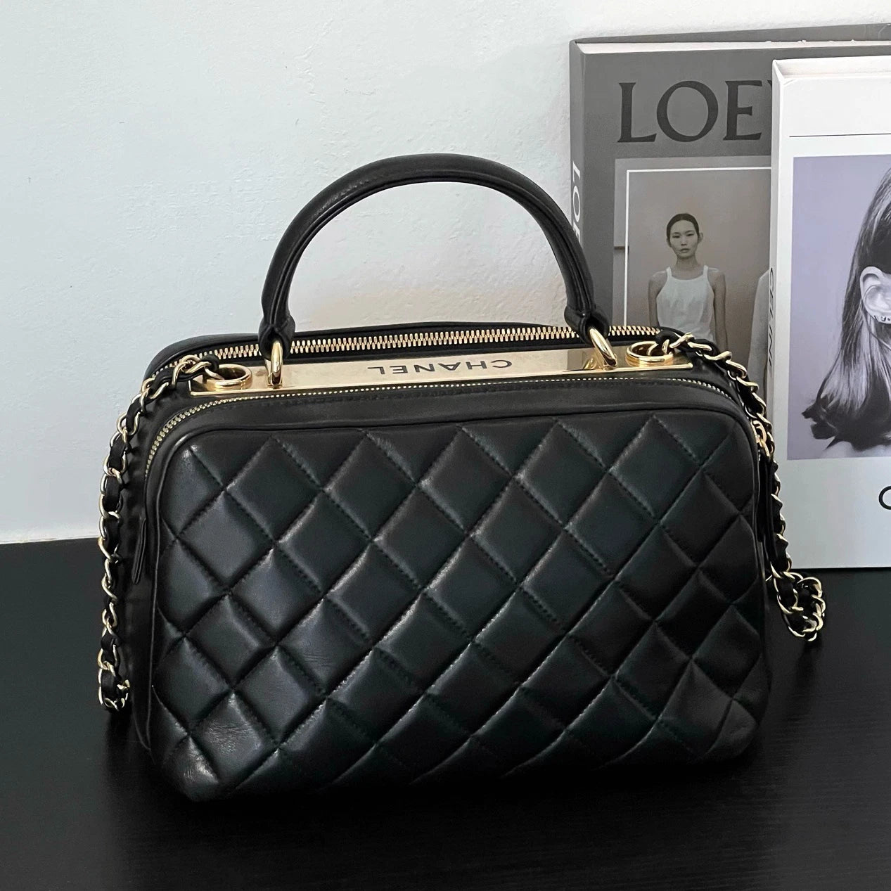 Chanel Trendy CC Lambskin Top Handle Shoulder Bag Black Gold Women Classic