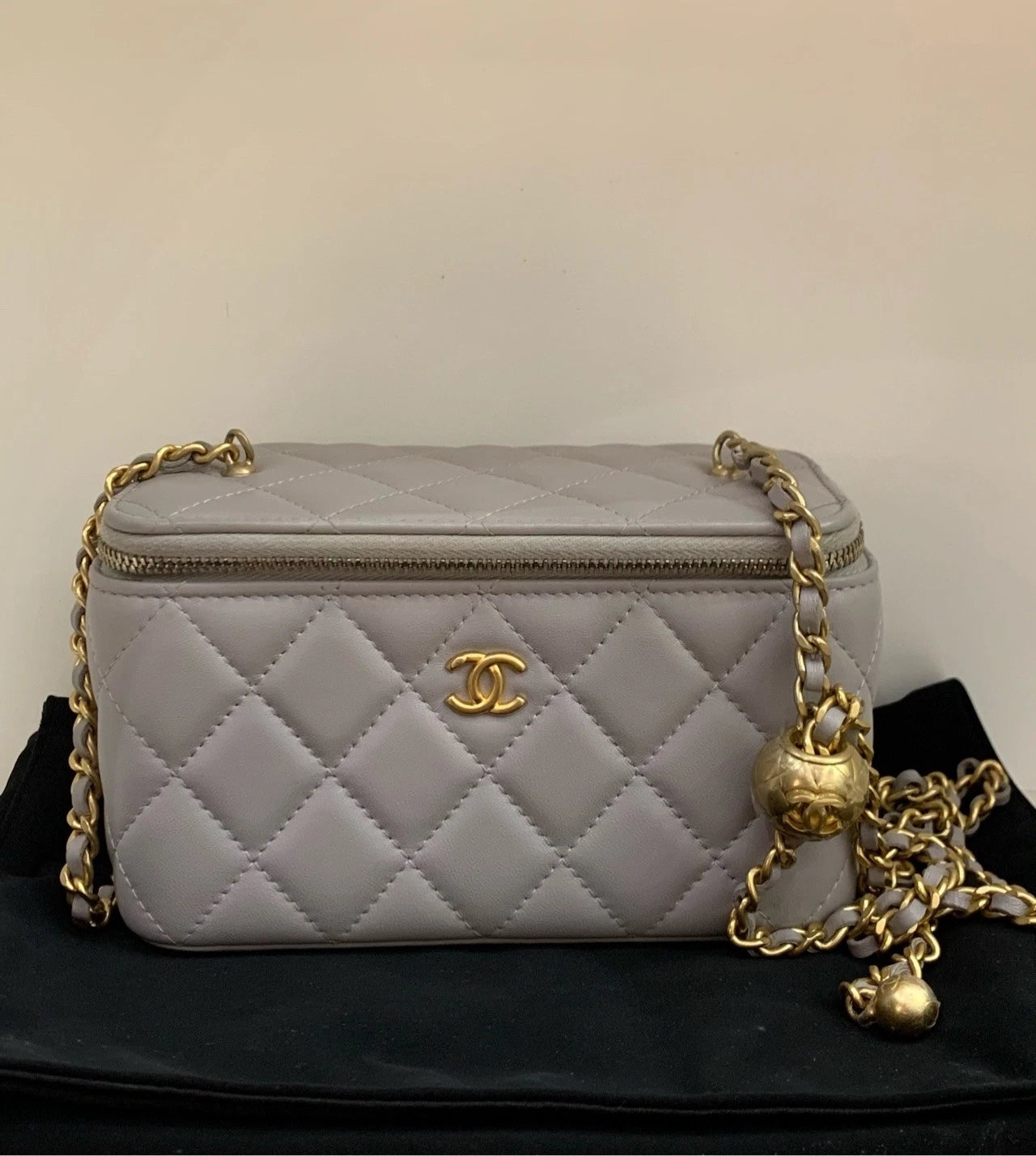 CHANEL Gray Lambskin Gold Ball Long Box Shoulder Bag Women