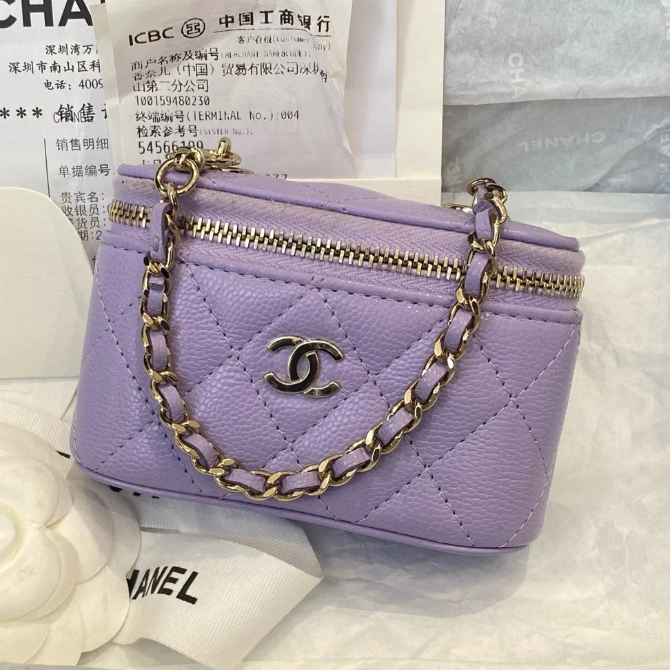 Chanel Vanity Case Chain Top Handle Bag Purple Gold Diamond Women Classic