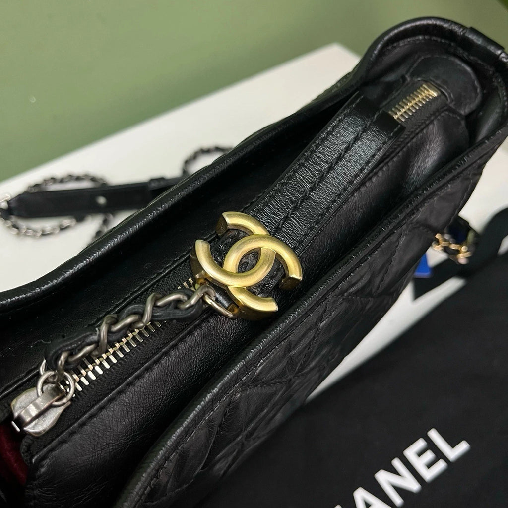 Chanel Gabrielle PM Black Gold Chain Crossbody Shoulder Bag Diamond Women