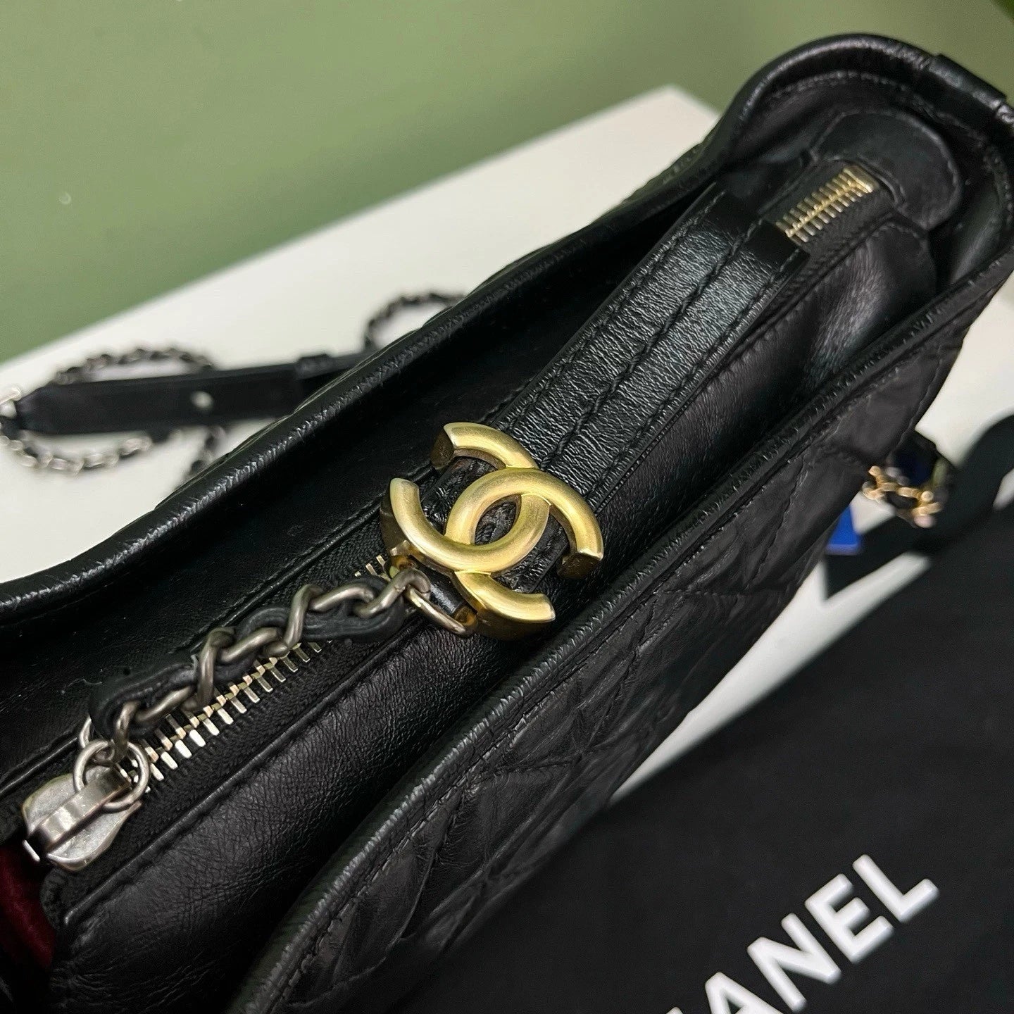 Chanel Gabrielle PM Black Gold Chain Crossbody Shoulder Bag Diamond Women