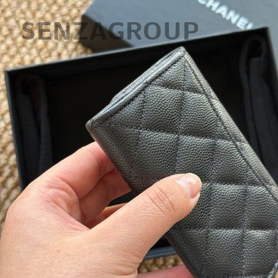 Chanel Black Gold Quilted Card Holder Clutch Classic Women's
