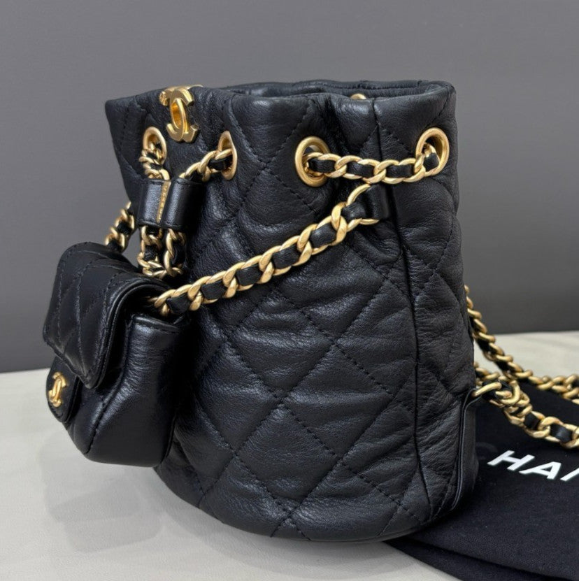Chanel Calfskin Chain Backpack Black Gold Women Diamond Classic Fashion
