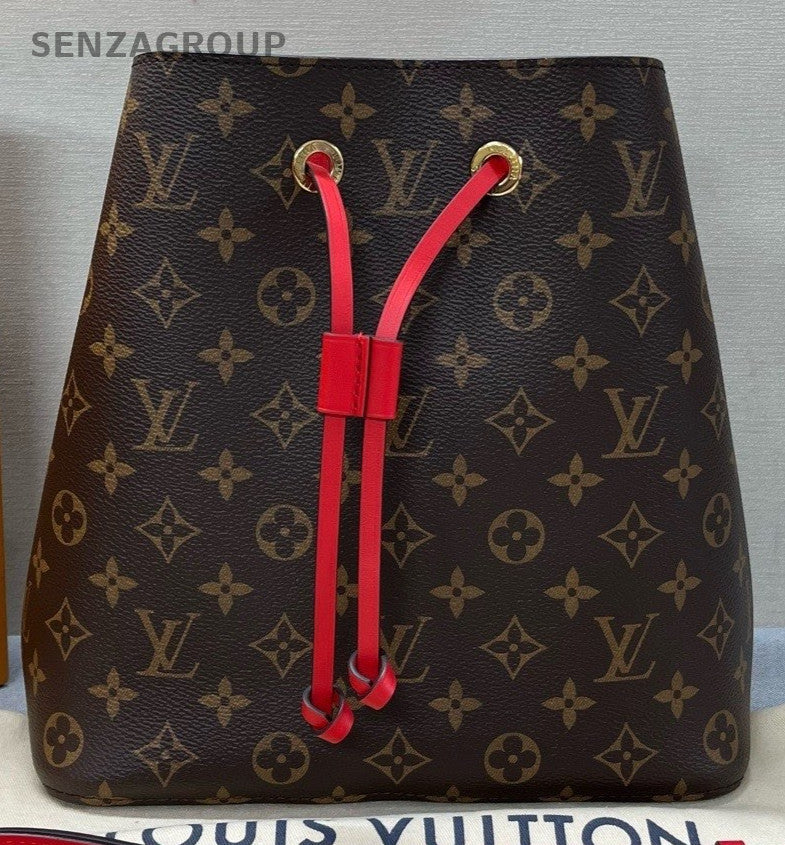 Louis Vuitton Monogram Bucket Shoulder Bag Crossbody Brown Red Women Classic