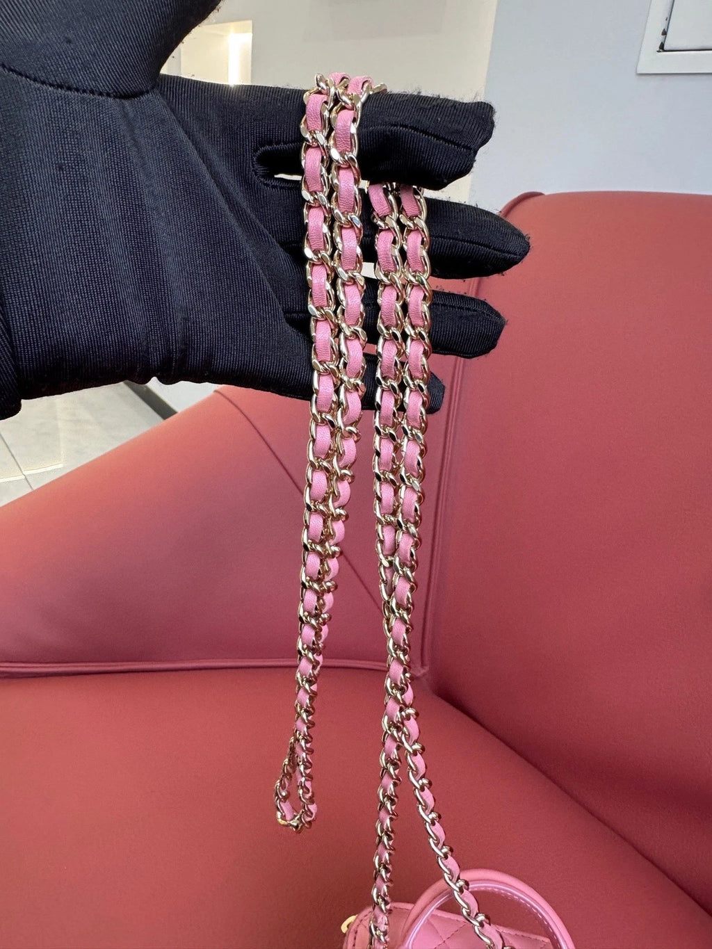 Chanel Diamond Chain Crossbody Top Handle Bag Pink Gold Women Classic