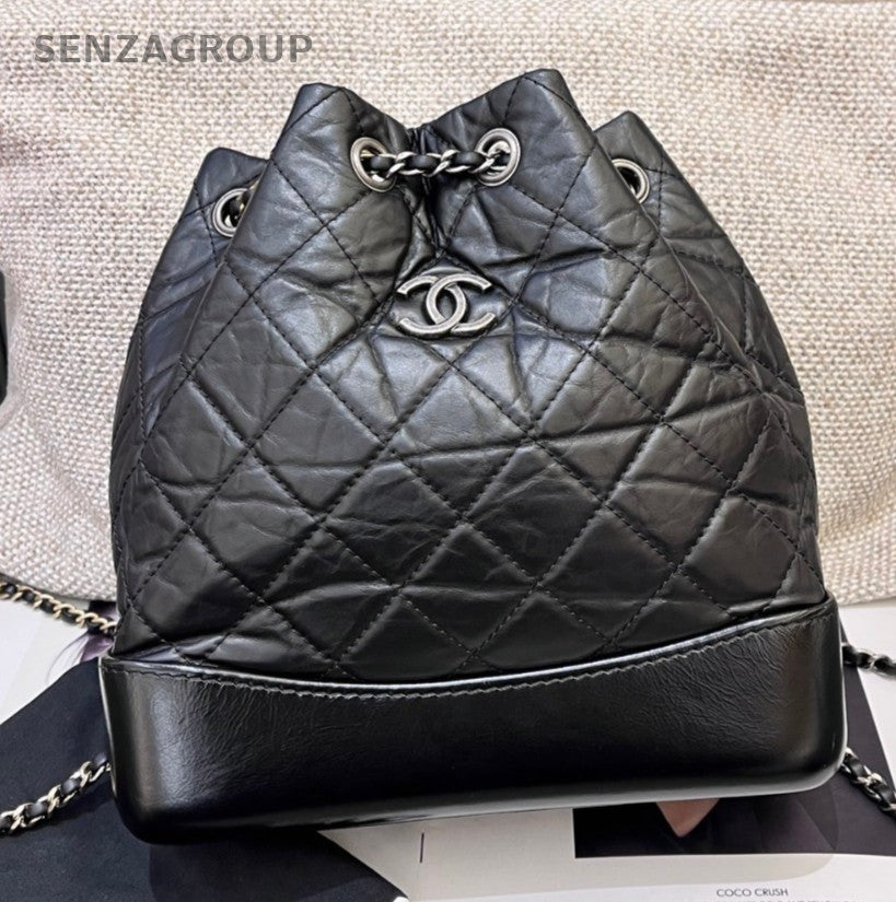 Chanel Gabrielle Diamond Chain Backpack Black Gold Silver Used Women Classic