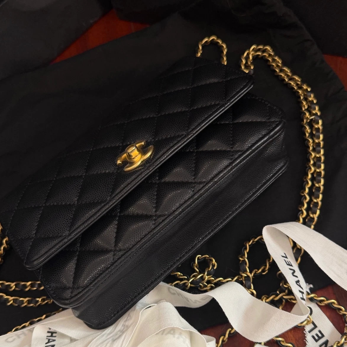 Chanel Classic Flap WOC Calfskin Chain Shoulder Crossbody Black Gold Women