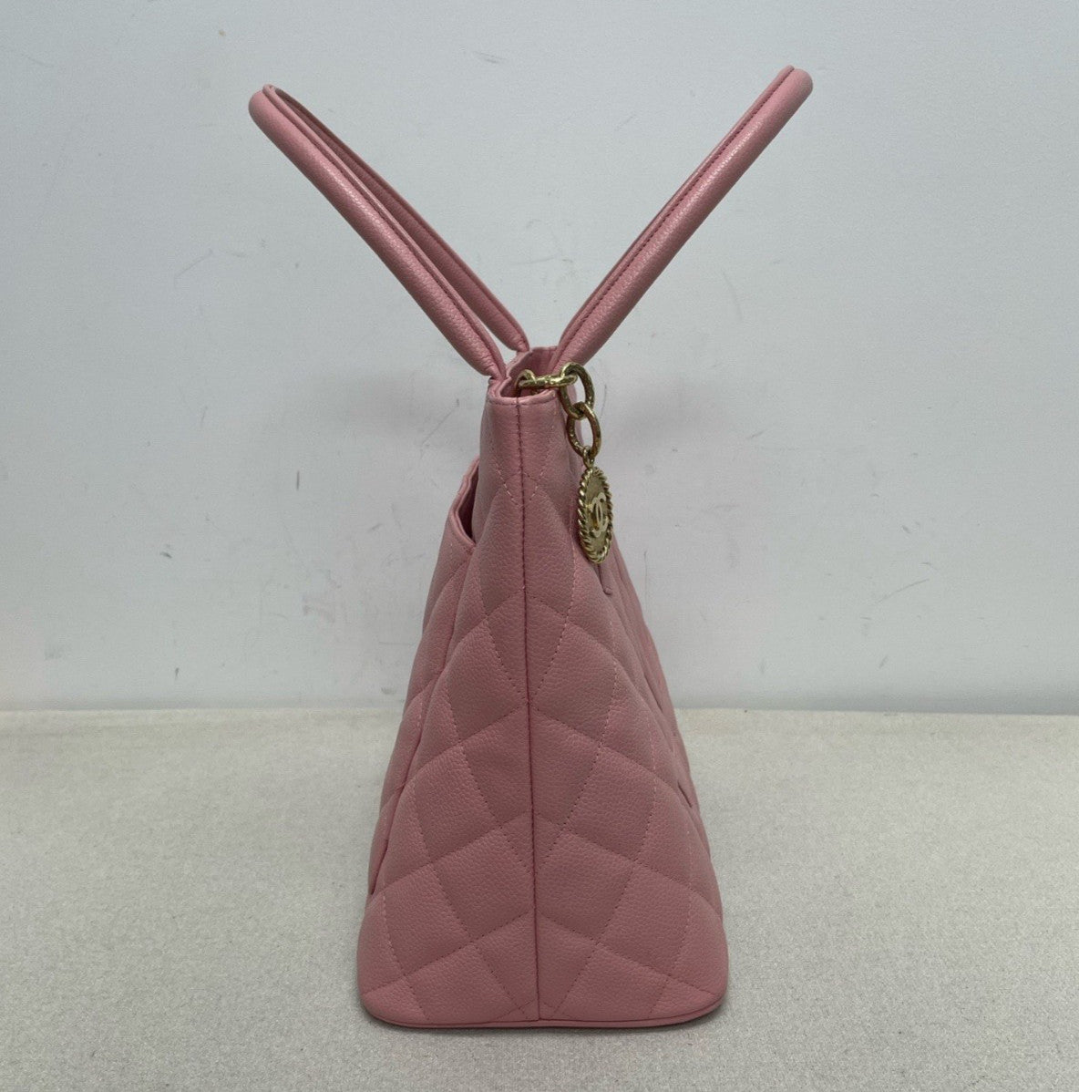 Chanel Hilton Tote Top Handle Bag Pink Gold Diamond Women Classic Vintage