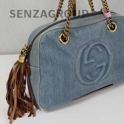 Gucci Soho Fringe Tote Bag Denim Blue Gold Women Shoulder Bag