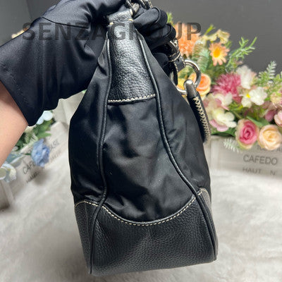 Prada Black Silver Nylon Hobo Shoulder Bag Classic Fashion Women