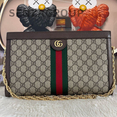 Gucci Ophidia Large Vintage GG Logo Chain Shoulder Crossbody Bag Brown Gold