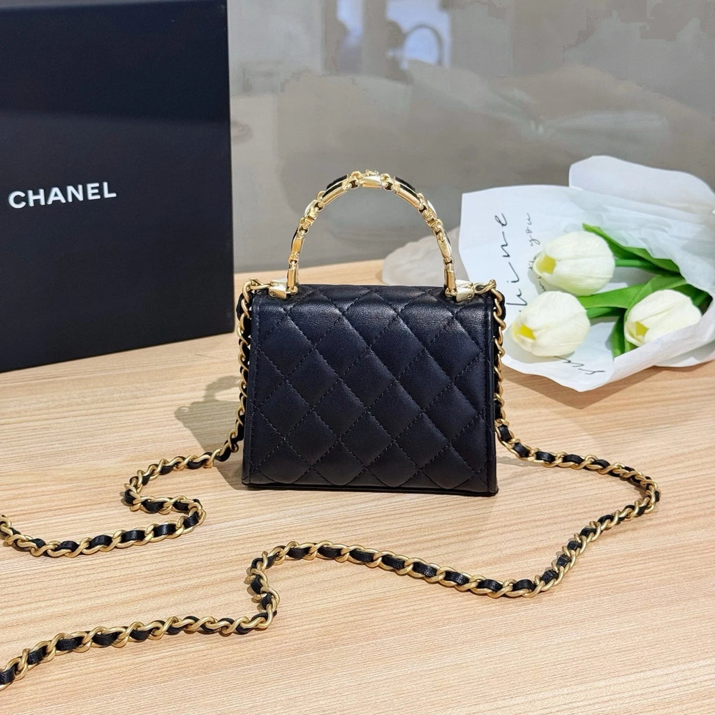 CHANEL Leather Black Gold Kelly Mini Top Handle Bag For Women