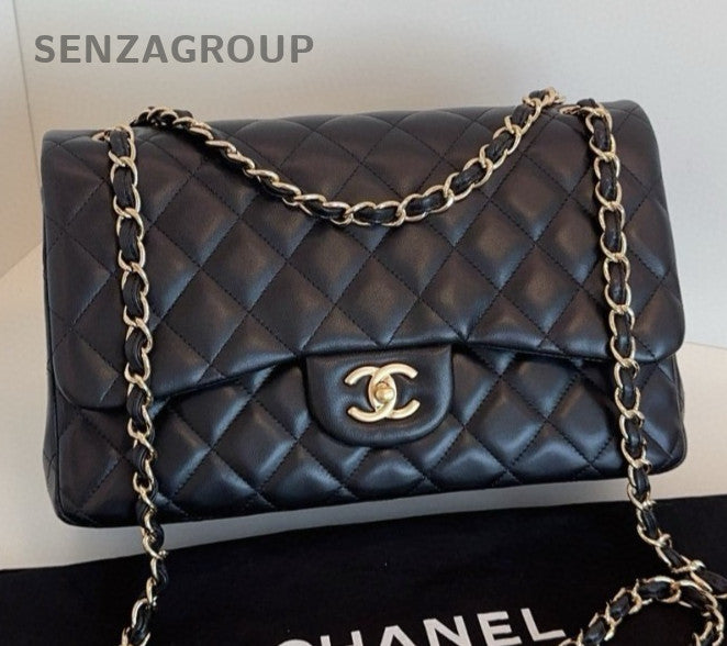Chanel Classic Flap Lambskin Chain Shoulder Bag Crossbody Black Gold Women