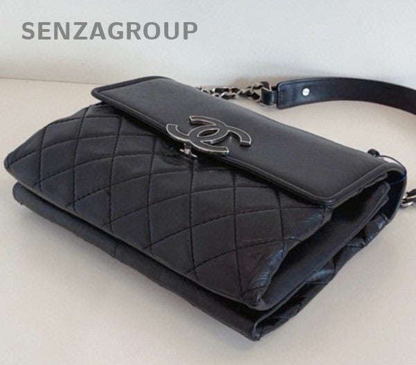 Chanel Diamond Chain Calfskin Black Silver Shoulder Bag Women Classic