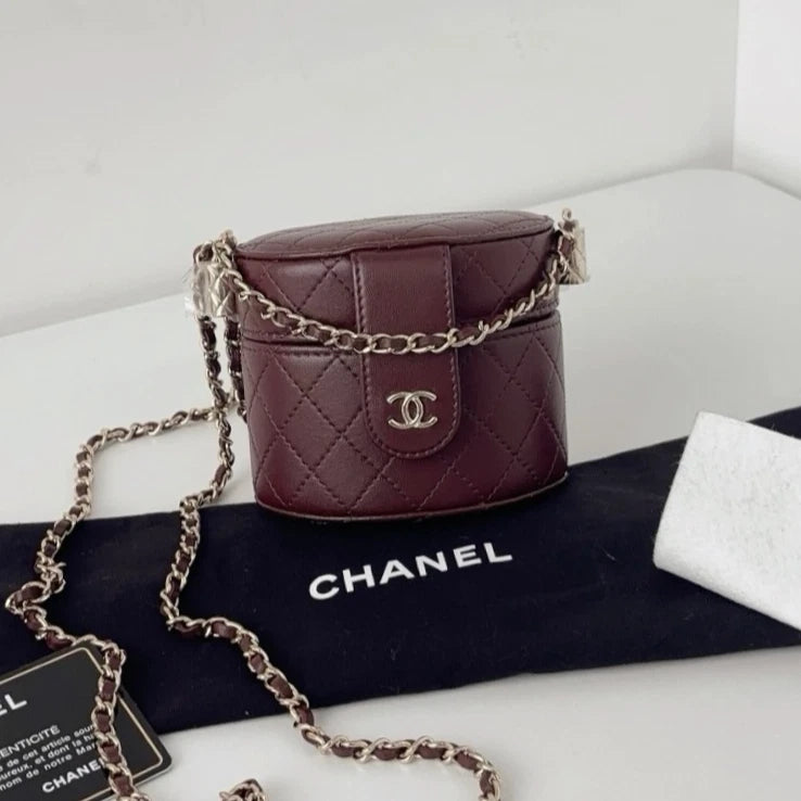 Excellent Chanel Cylindrical Makeup Box Mini Gold Chain Red Handbag Crossbody