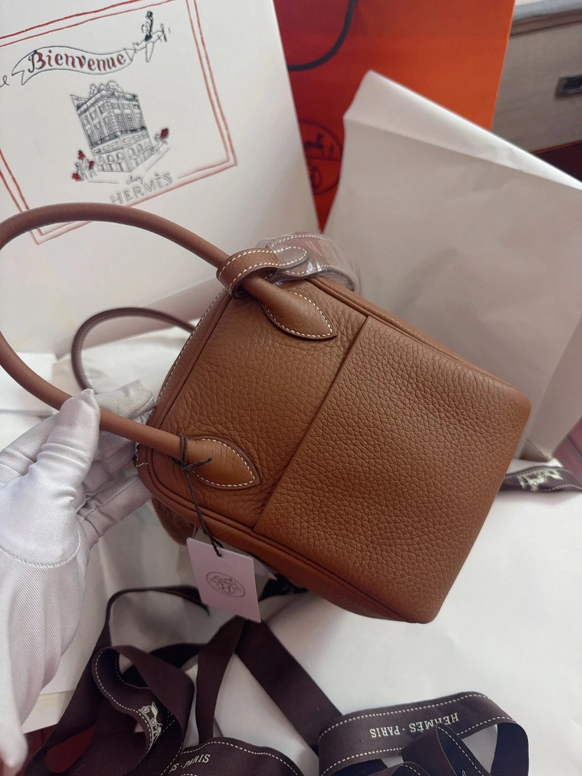 New Hermes Lindy26 Togo Leather Brown Handbag Shoulder Bag Silver Hardware