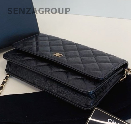 Chanel WOC Chain Shoulder Bag Crossbody Black Gold Women Diamond Classic