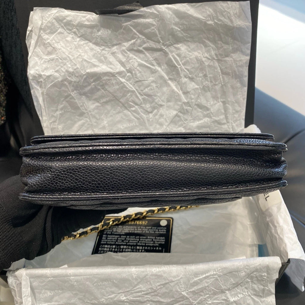 Chanel WOC Calfskin Chain Shoulder Crossbody Diamond Women Black Gold