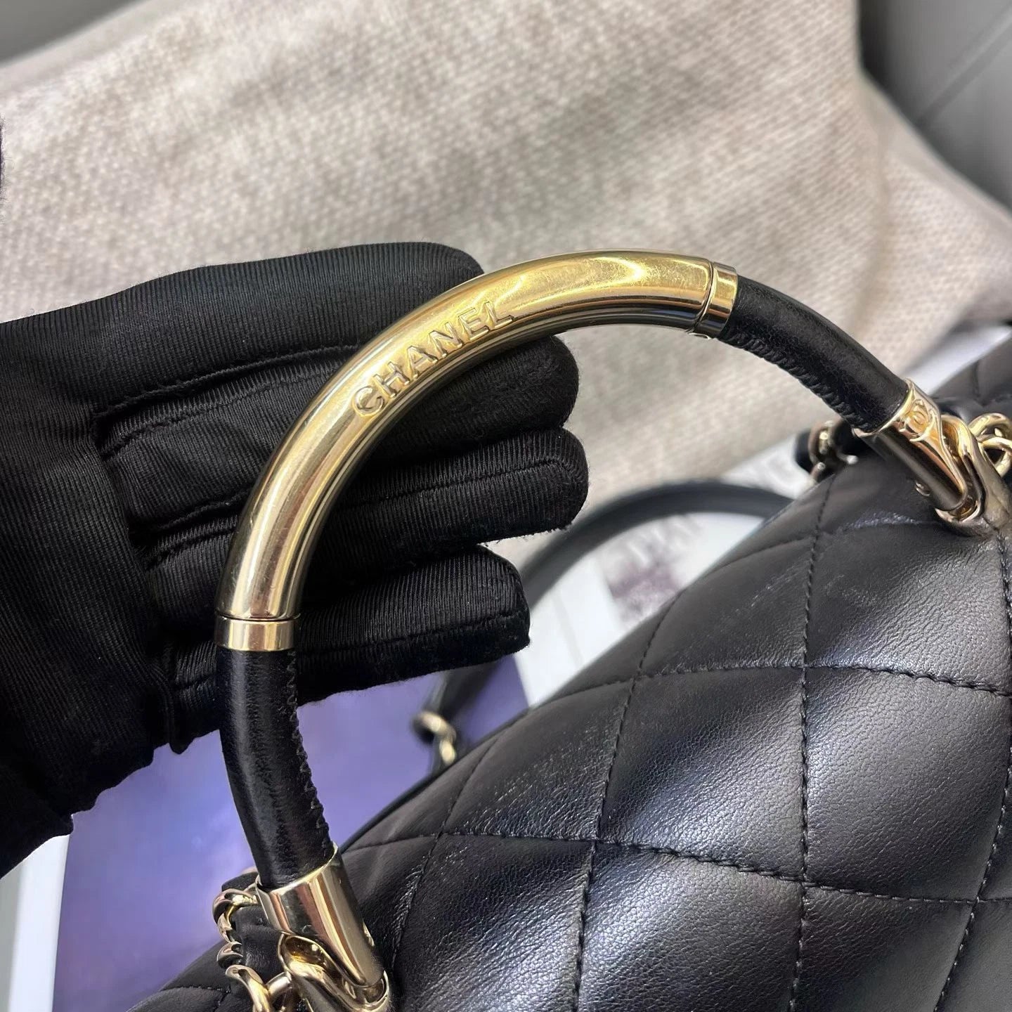 Chanel Lambskin Chain Top Handle Crossbody Black Gold Diamond Women Classic