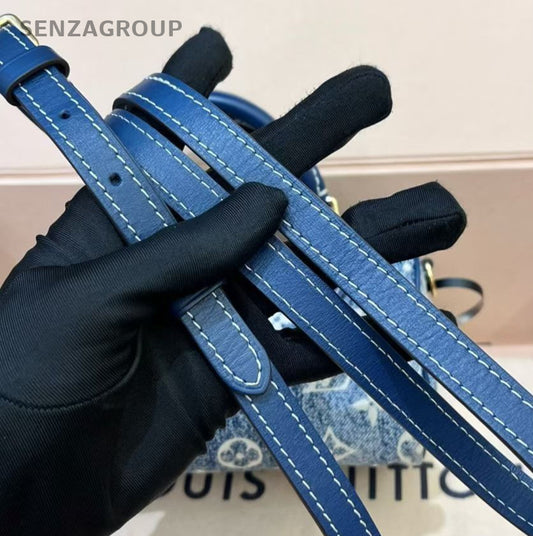 Louis Vuitton Speedy Nano Denim Monogram Top Handle Crossbody Blue Gold Women