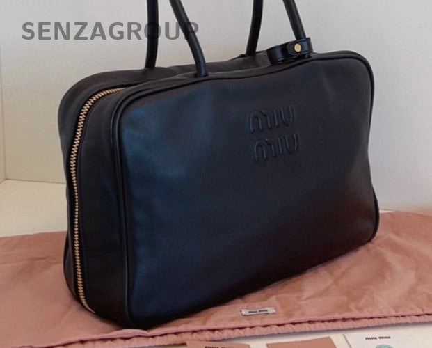 MiuMiu Beau Calfskin Satchel Top Handle Bag Black Gold Unisex Adults Classic