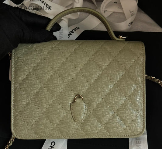 Chanel 25C Diamond Chain Top Handle Bag Crossbody Green Gold Women Fashion