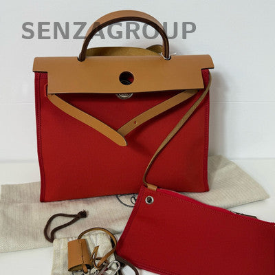 Hermes Herbag Red Silver Hardware Handbag Shoulder Bag Women Classic