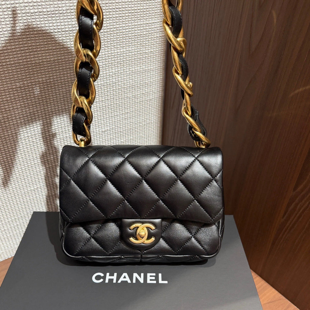 Chanel Square Flap Bag Thick Chain Crossbody Shoulder Bag Black Gold Classic