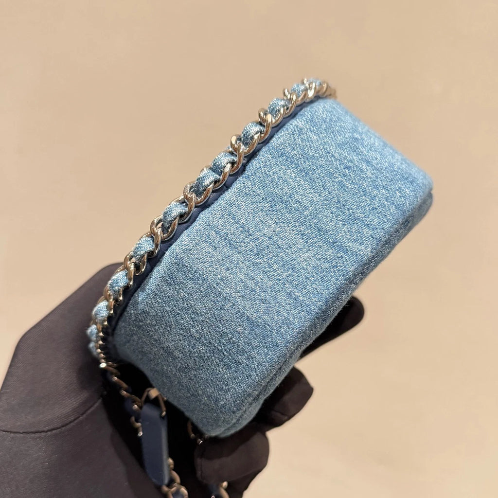 Chanel Denim Round Bag Chain Crossbody Blue Gold Diamond Women Classic