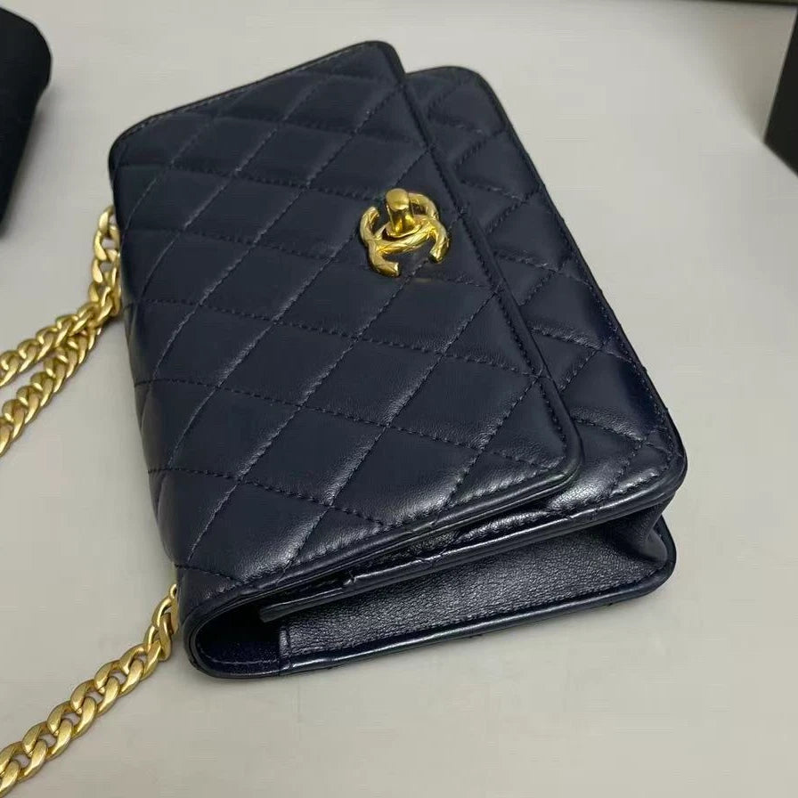 Chanel WOC Diamond Chain Shoulder Bag Crossbody Blue Gold Women Classic