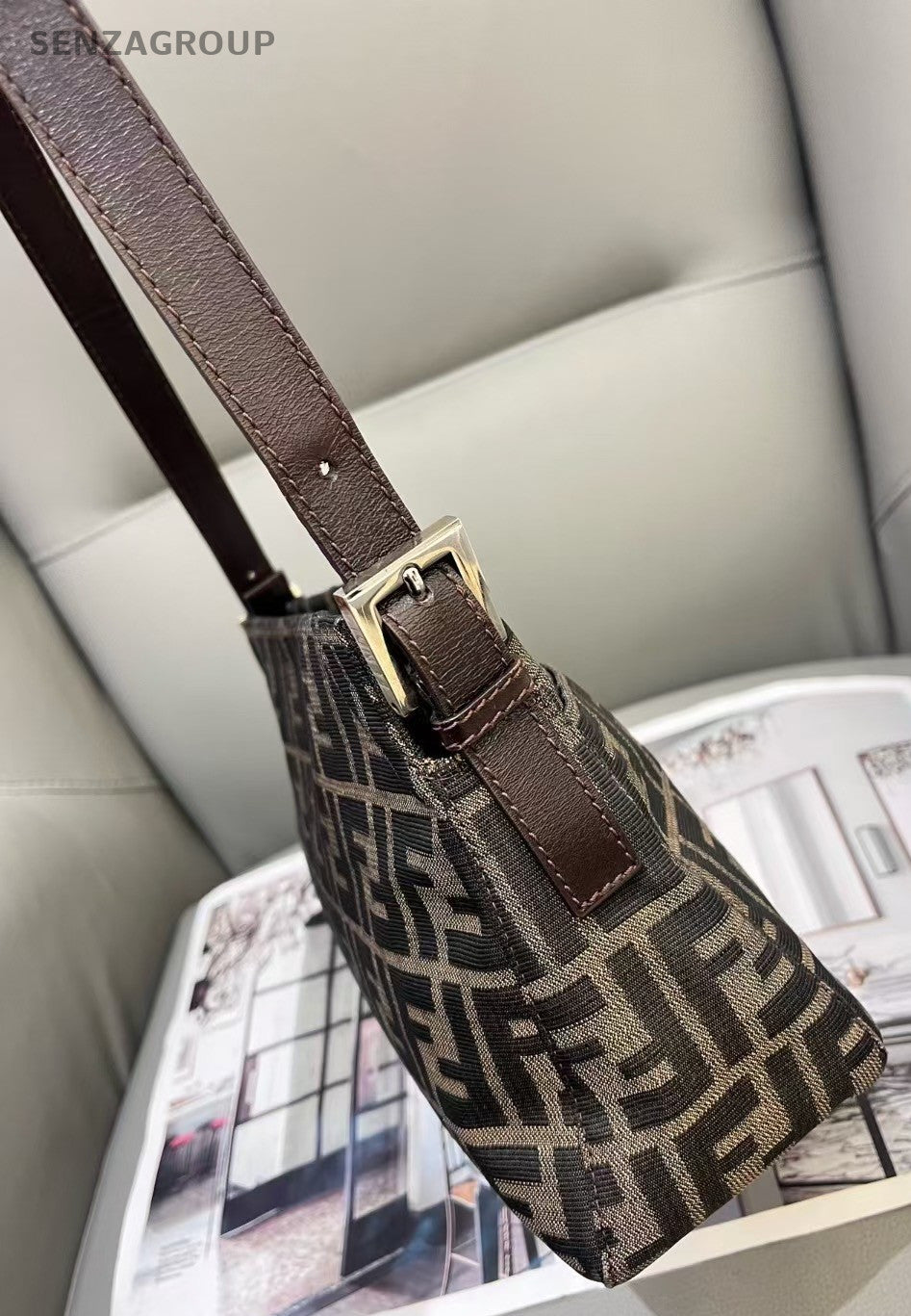 FENDI Monogram Canvas Shoulder bag MM Classic Brown Logo Women