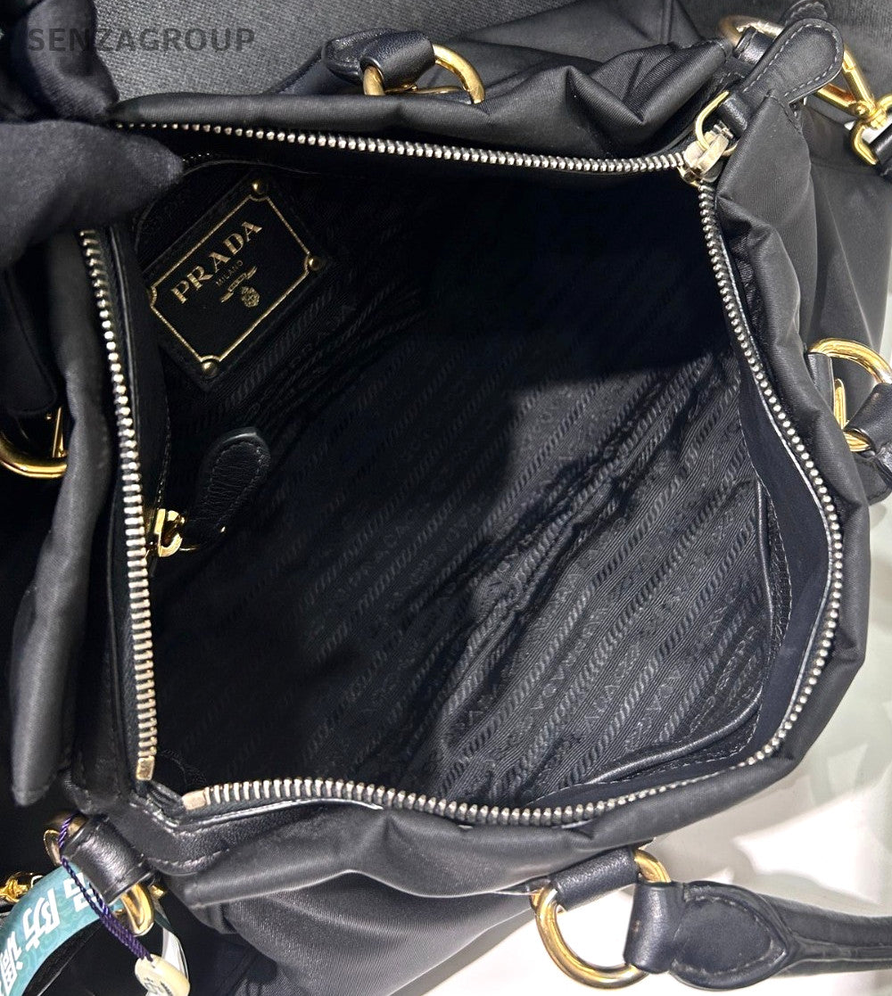 Prada Nylon 2Way Top Handle Bag Crossbody Black Gold Women Classic