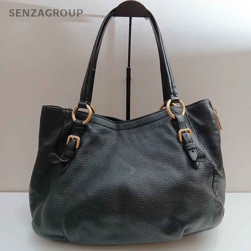 Prada Calfskin Tote Shoulder Bag Black Gold Used Women Classic Fashion