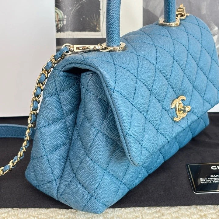 Authentic CHANEL Denim Blue Coco Handle Small Top Handle Bag For Women