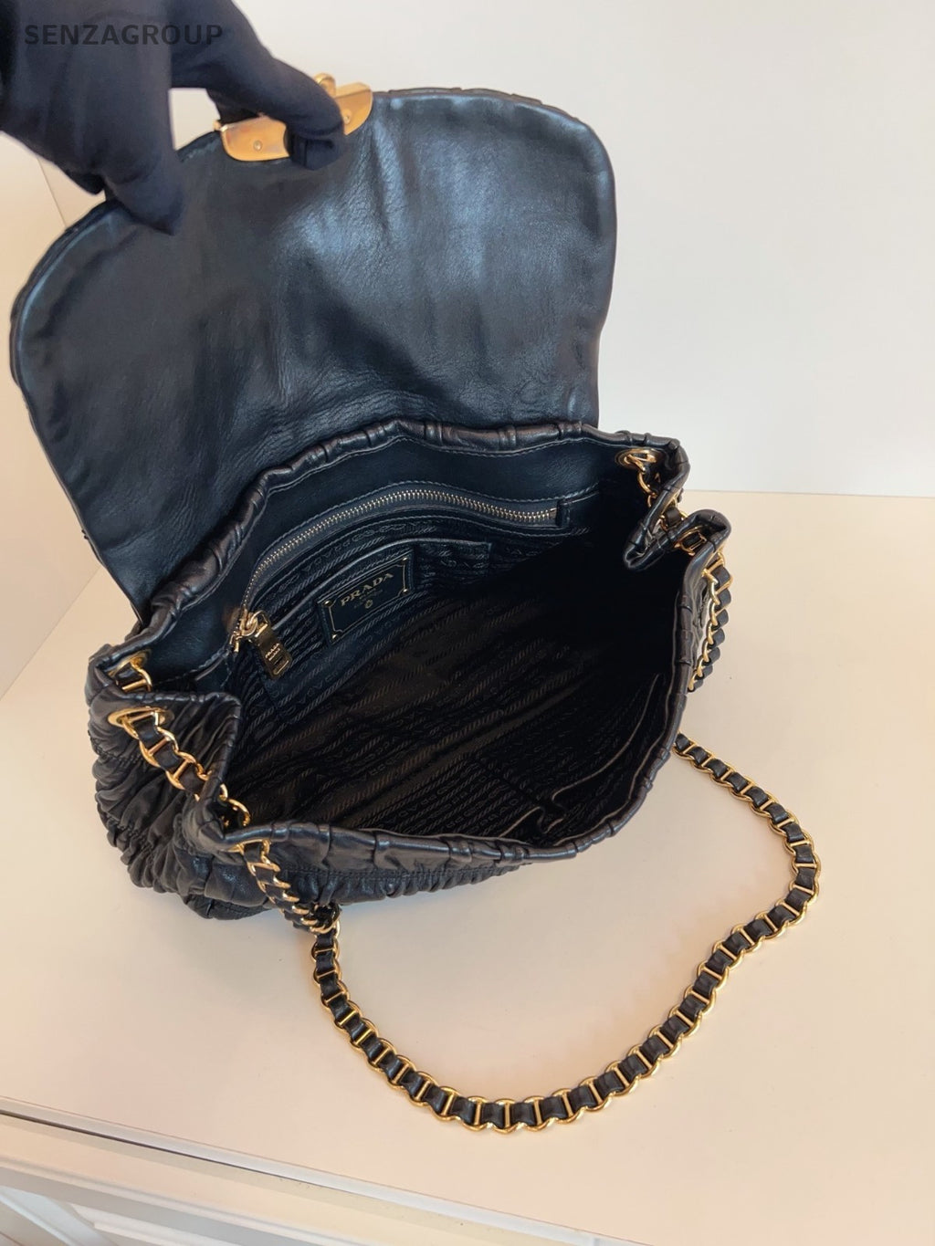 PRADA XXL Hobo Wrinkled patterns Chain Shoulder bag Black Gold Women