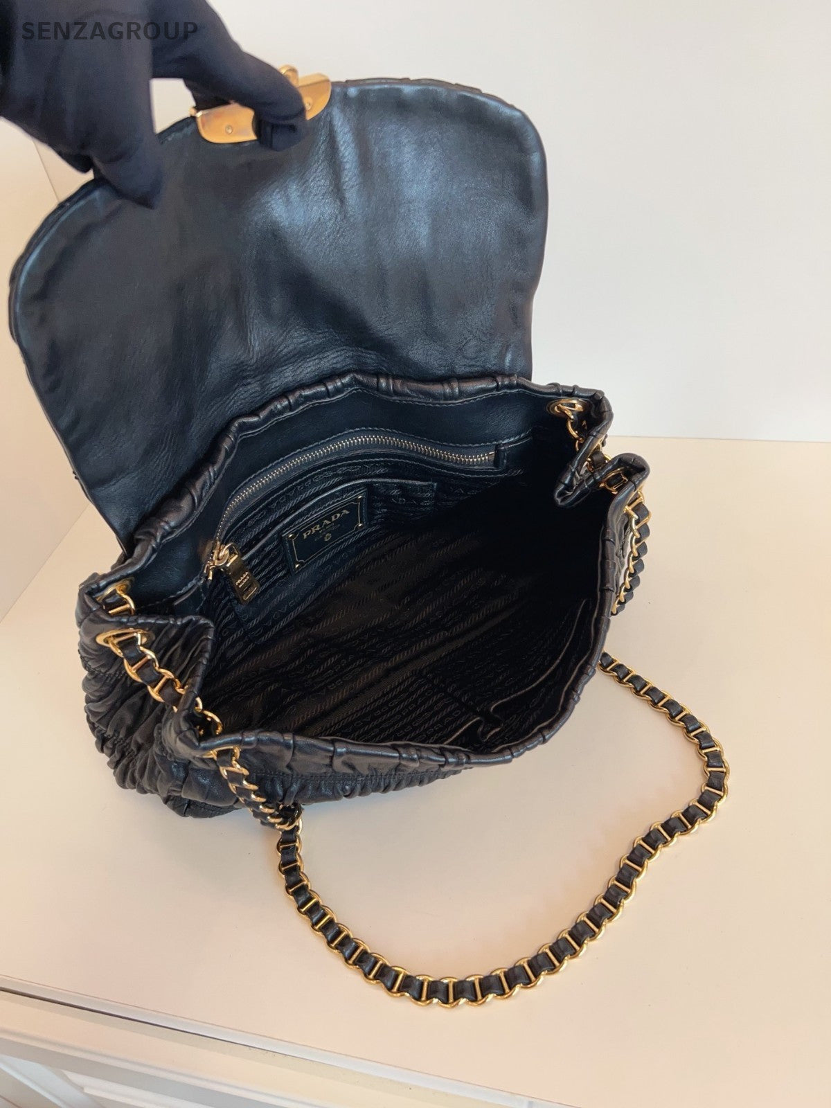 PRADA XXL Hobo Wrinkled patterns Chain Shoulder bag Black Gold Women