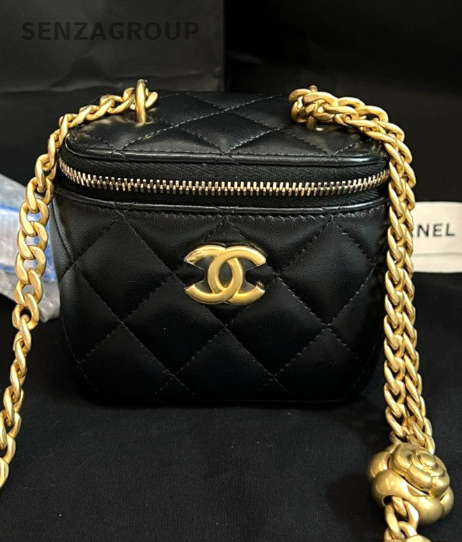 CHANEL 23S Camellia mini box Chain Shoulder Handbag Black Gold Women Brand NEW