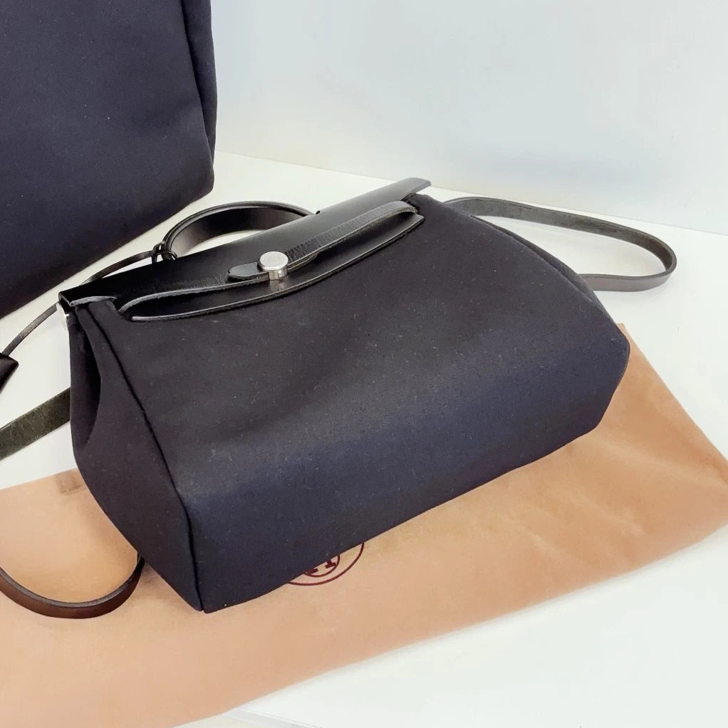 Hermes Herbag Canvas Backpack Black Silver Unisex Adults Classic