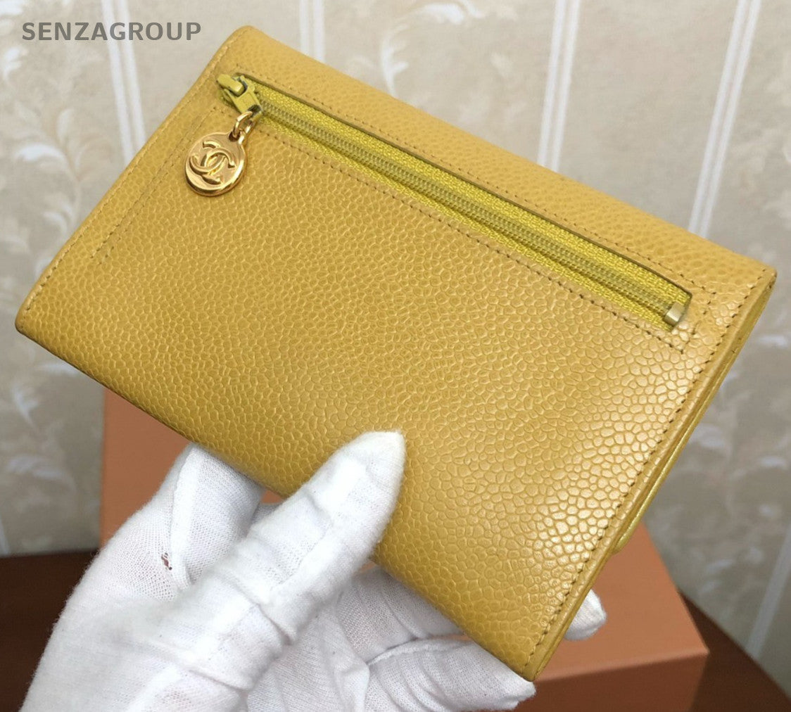 CHANEL CC Logo Wallet Caviar Women Yellow