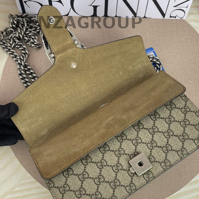Gucci Dionysus Small Suede GG Supreme Brown Silver Chain Shoulder Bag Women