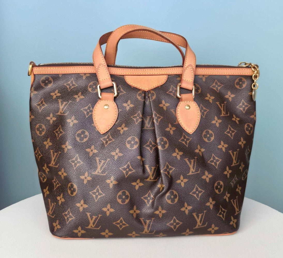 Louis Vuitton Palermo PM Monogram Top Handle Crossbody Brown Gold Women Classic
