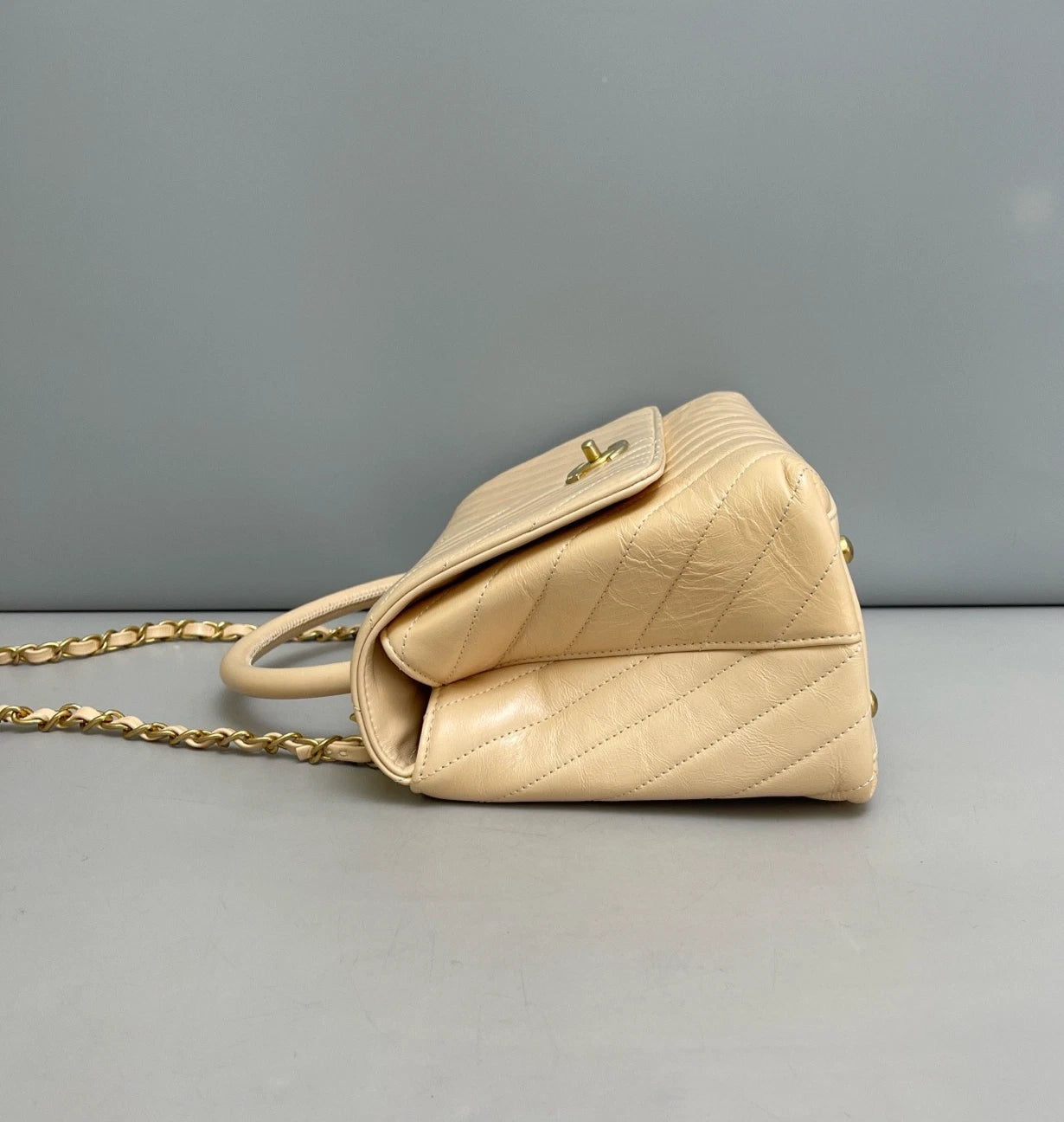 Chanel Coco Handle Calfskin Chevron Top Handle Bag Shoulder Bag Beige Women