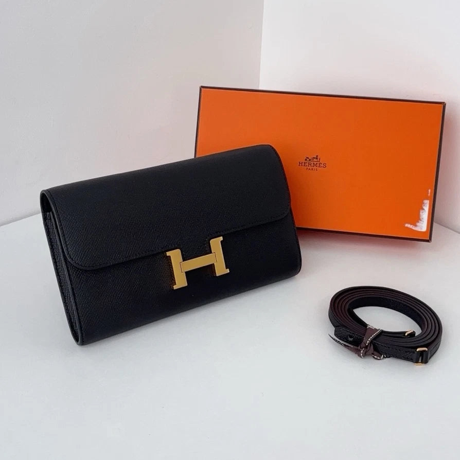 Hermes Constance Togo Epsom Leather Black Gold Clutch Shoulder Bag Crossbody