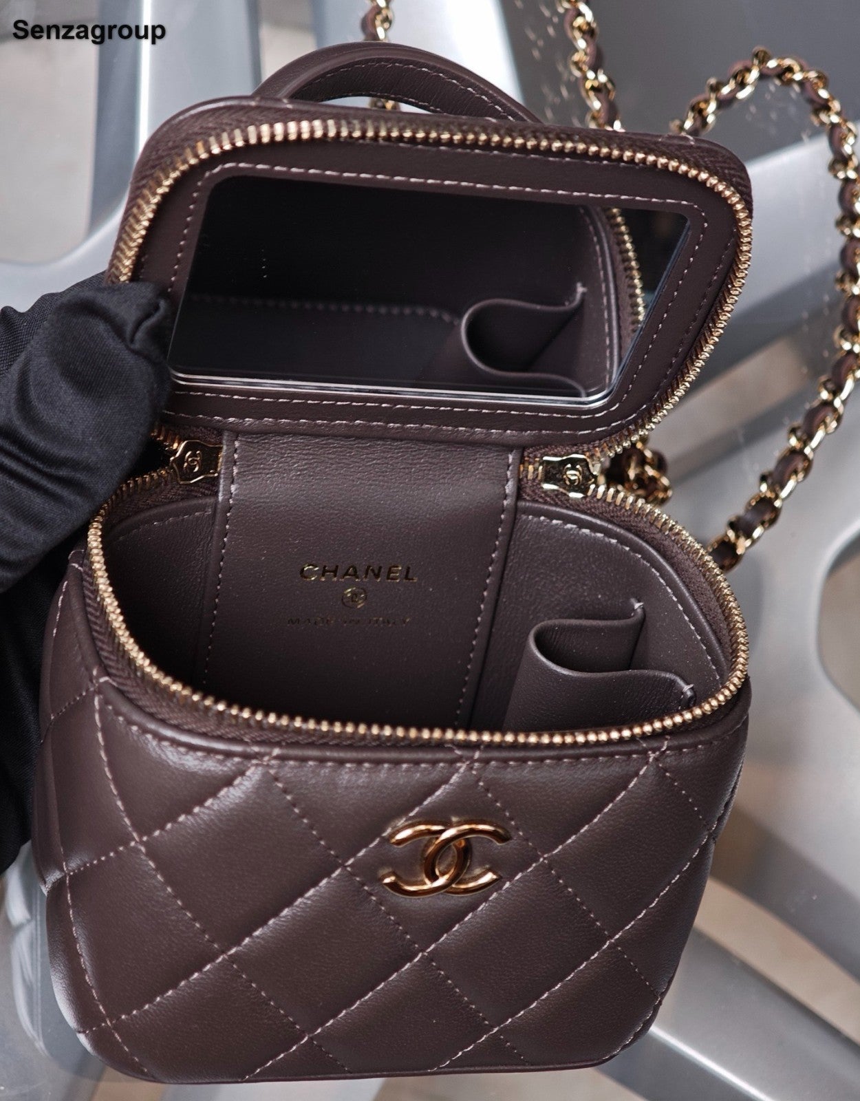 CHANEL Lambskin Chain Crossbody Top Handle Bag Dark Brown Gold Women Classic
