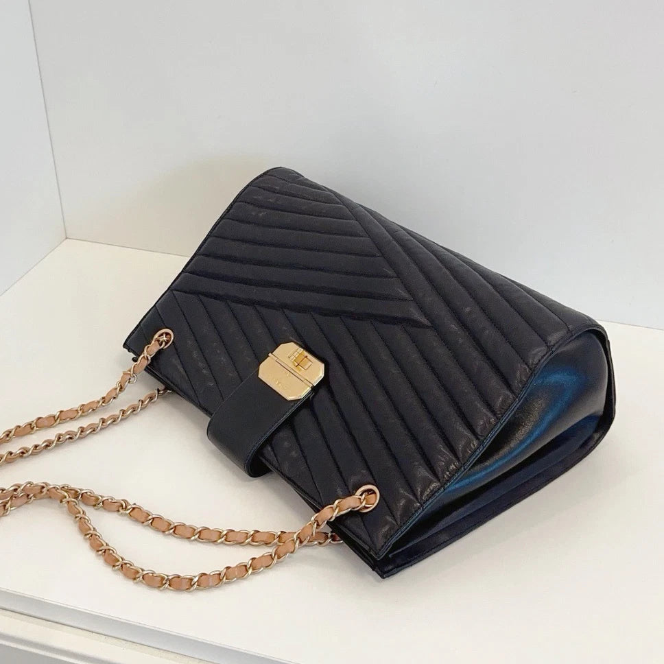 Chanel 2.55 Calfskin Chain Tote Shoulder Bag Black Gold Used Women Classic
