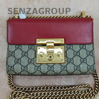 Gucci Padlock Small GG Canvas Chain Shoulder Crossbody Bag Red Brown Gold