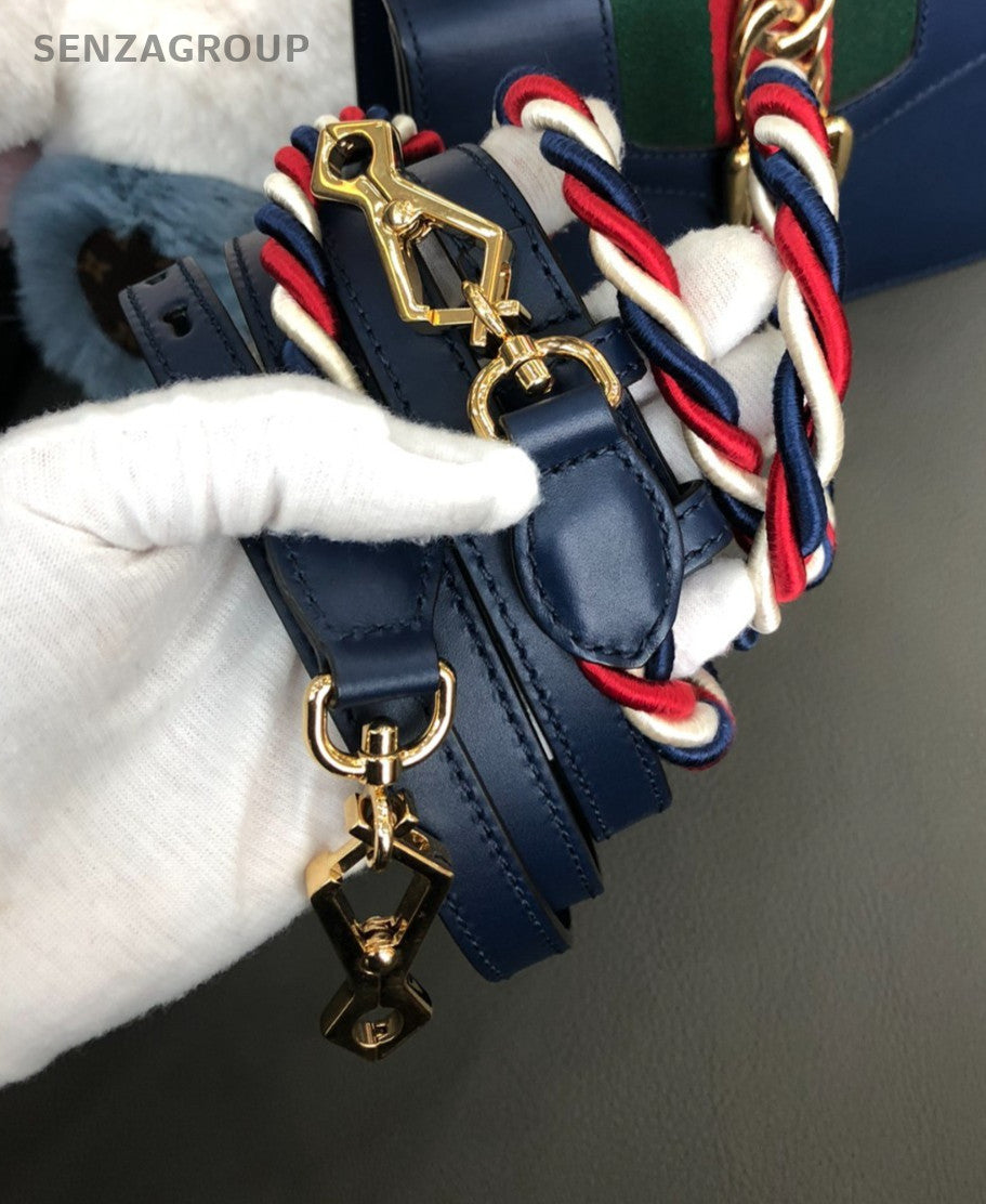 GUCCI Sylvie PM Top Handle 2way Shoulder Handbag Women Crossbody Blue and gold