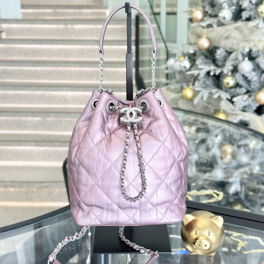 Chanel Calfskin Bucket Chain Shoulder Crossbody Bag Purple Silver Women S